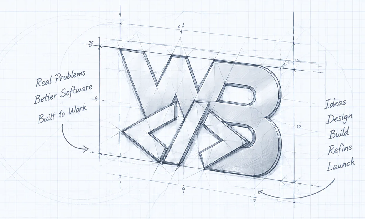 Pencil sketch of the WorkBench Studios monogram with notes: real problems, better software, built to work; ideas, design, build, refine, launch